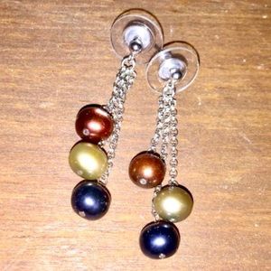 Genuine Multi-colored cultured pearl sterling silver dangle earrings